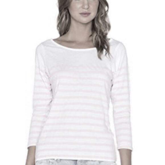 Monrow NWT Cream Sheer Beige Stripe Boatneck Frenchie 3/4 Sleeve Tee size Medium - Picture 1 of 6